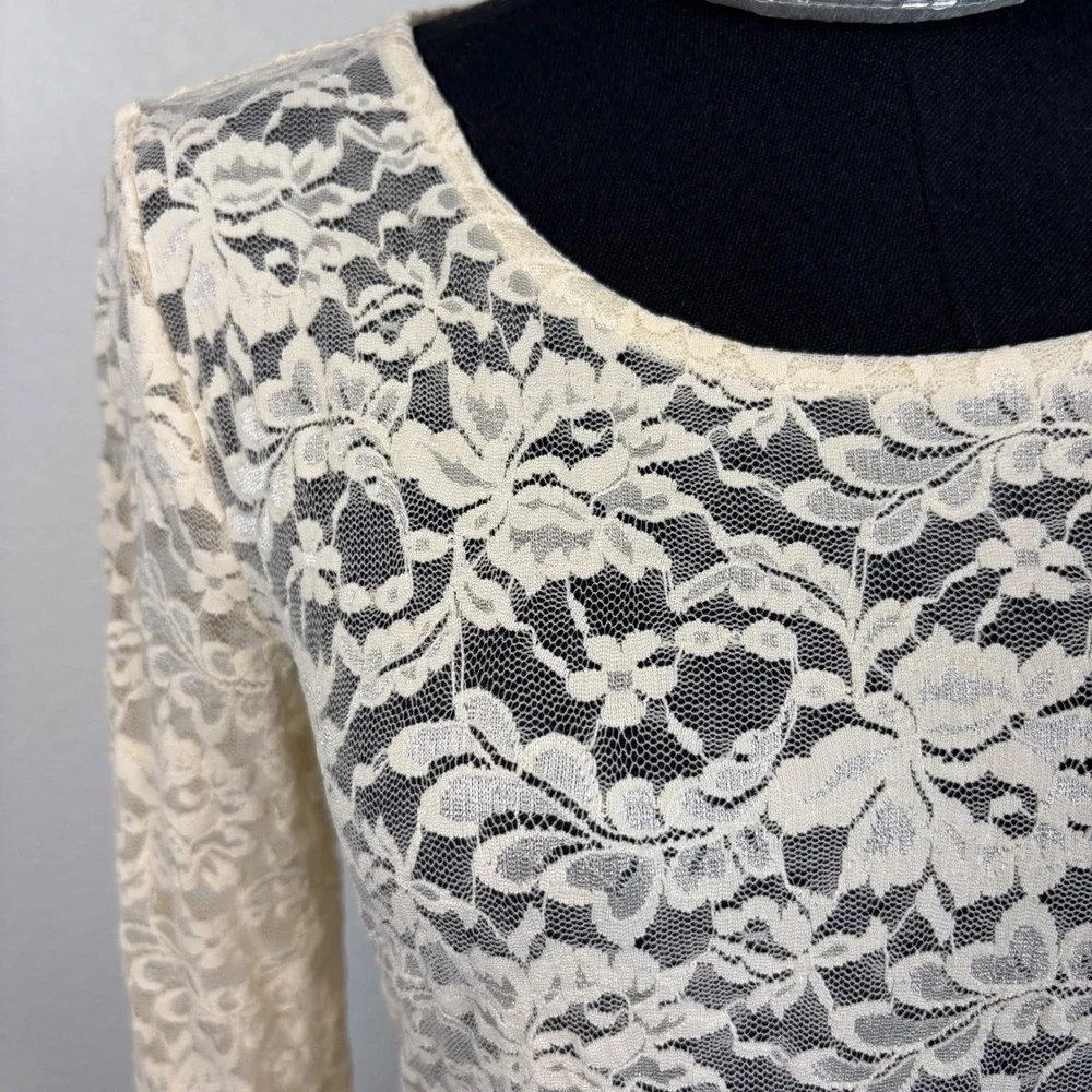 By Anthropologie Long Sleeve Lace Crew Neck Top, SMALL Almond Floral Sheer boho